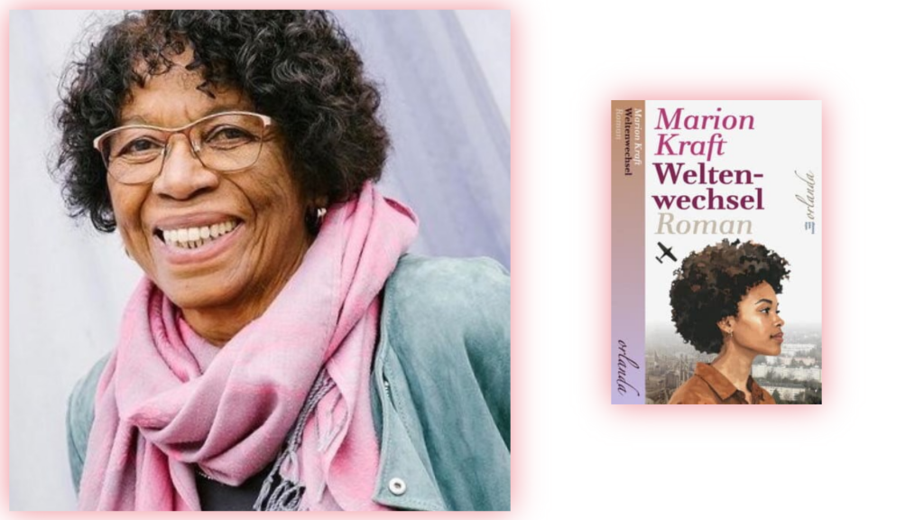 Portrait der Autorin Marion Kraft, daneben Buchcover des Romans: Weltenwechsel